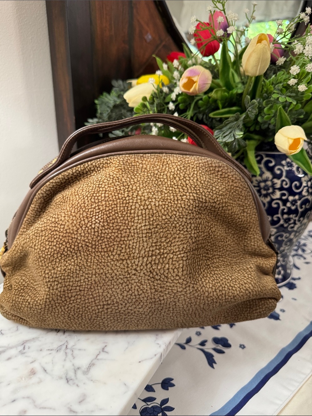 Borbonese Redwall  Brown Suede Dome Satchel / Handbag Vintage